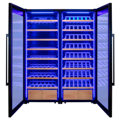 496 Bottle Dual Zone Black Glass Side-by-Side Wine Refrigerator with Display Shelving
