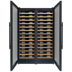 Reserva Series 134 Bottle 71" Tall Dual Zone Black Side-by-Side Shallow Wine Refrigerator with Wood Front Shelves