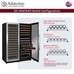 Reserva Series 317 Bottle 71" Tall Three Zone Stainless Steel Side-by-Side Wine Refrigerator