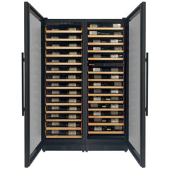 Reserva Series 134 Bottle 71" Tall Three Zone Black Side-by-Side Shallow Wine Refrigerator with Wood Front Shelves