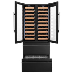 76.5" Tall Black French Doors Dual Zone Wine Refrigerator with Two Refrigerated Drawers